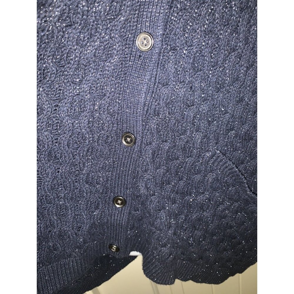 Lands End Flecked Navy Blue Cotton Blend Chunky Knit Cardigan Sweater Sz ?? EUC - Picture 3 of 10